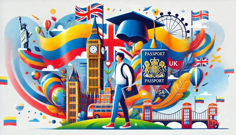 "Ilustración vibrante y moderna que muestra la aspiración de los estudiantes colombianos por estudiar en el Reino Unido. La imagen incluye elementos de las banderas de Colombia y el Reino Unido entrelazadas, un estudiante sosteniendo un birrete y un pasaporte. El fondo combina el icónico Big Ben y paisajes exuberantes de Colombia, simbolizando la conexión entre ambos países. La escena es colorida, inspiradora y profesional."